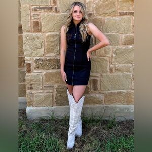 NWT Lucky & Blessed Black Boot-stitch Studded Western Sleeveless Mini Dress S